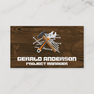 Carte De Visite Grain de bois   Pile de Nails Hammer Wrench