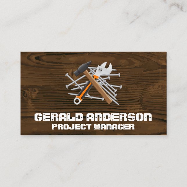 Carte De Visite Grain de bois | Pile de Nails Hammer Wrench (Devant)