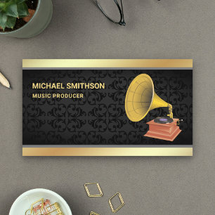 Carte De Visite Gramophone Black Damask Gold Foil