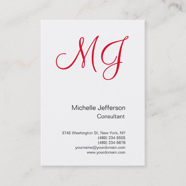Carte De Visite Grand Monogramme unique blanc rouge (Devant)