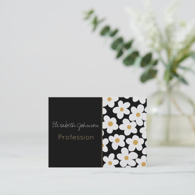 Carte De Visite Grandes Fleurs Blances Blances Retro Design Noir (Debout devant)