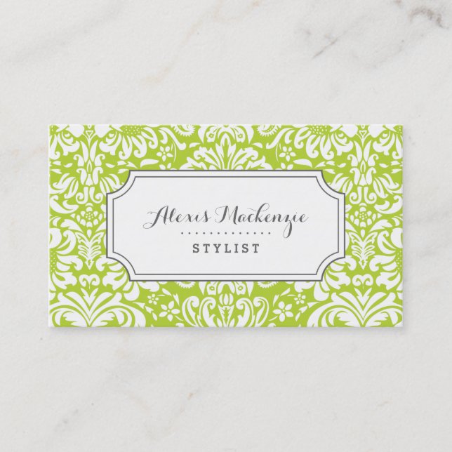 Carte De Visite Gray and Green Floral Damask (Devant)