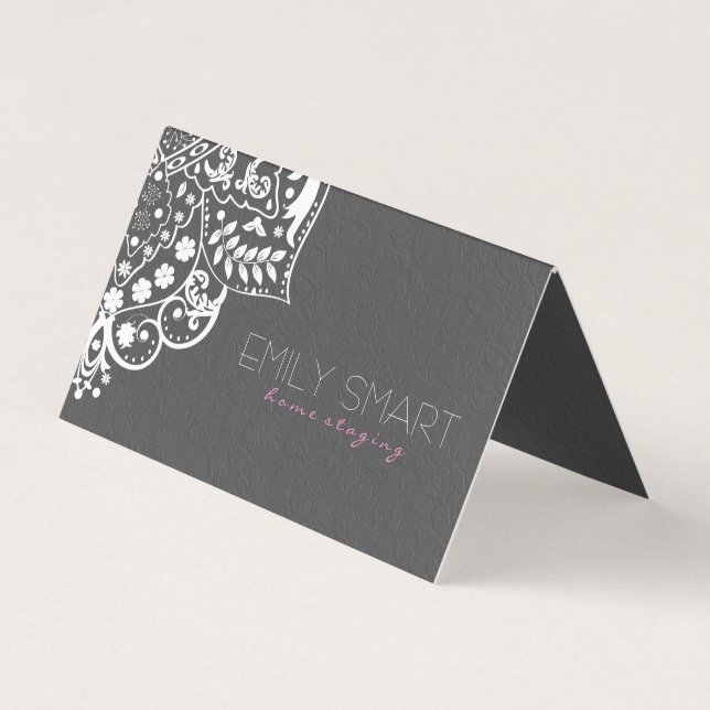 Carte De Visite Gray Damask White Mandala (Devant)