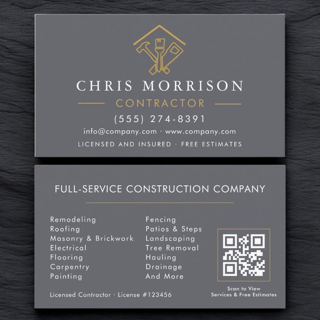 Carte De Visite Gray Home Repairs Contractor QR Code (Créateur téléchargé)