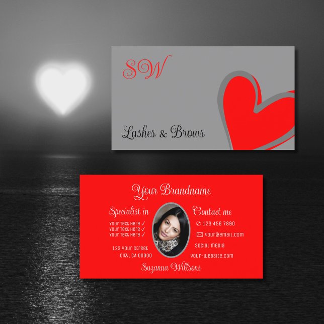 Carte De Visite Gray Red mou Coeur chic avec Monogramme et photo (Créateur téléchargé)