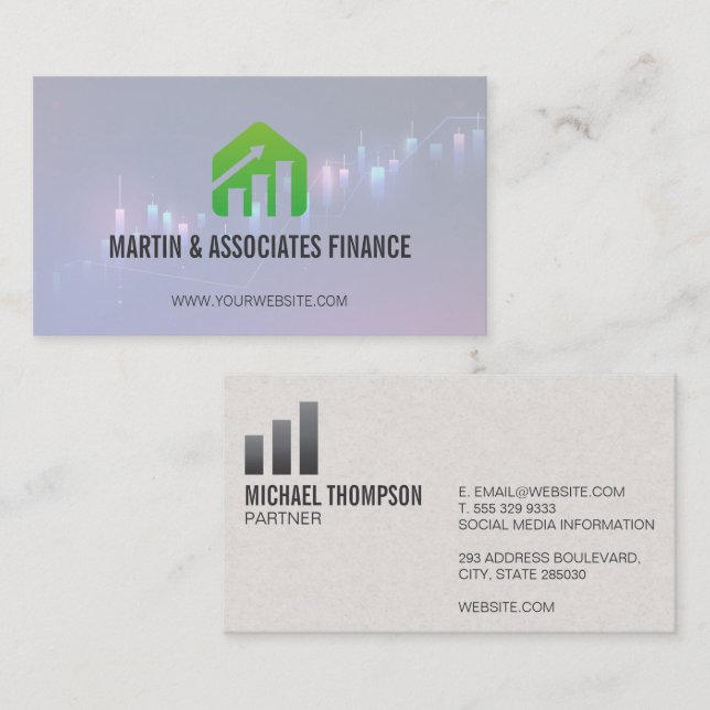Carte De Visite Green Bar Graph | Financial Market Infor (Devant / Derrière)