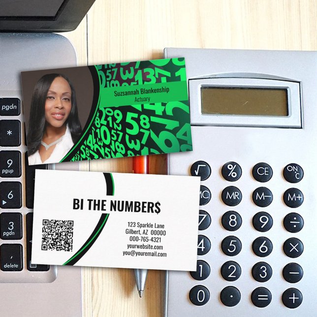 Carte De Visite Green Black Numéros Photo personnalisée QR Code (Share your business information on this double-sided custom photo, QR Code business card design.)