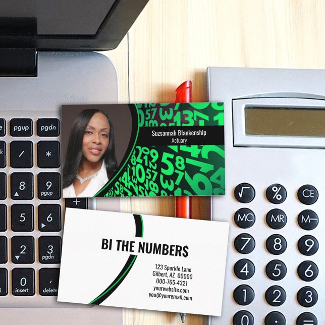 Carte De Visite Green Black Numéros Photo professionnelle personna (Share your business info on this black and green numbers custom photo business card design.)
