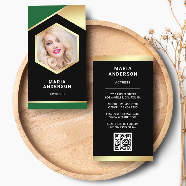 Carte De Visite Green Gold Foil Modèle Actrice QR Code Photo (Créateur téléchargé)