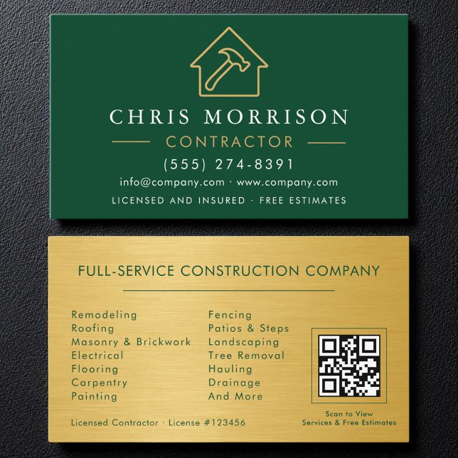 Carte De Visite Green Gold Metal Building Construction QR Code (Créateur téléchargé)