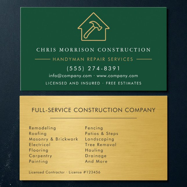 Carte De Visite Green Gold Metal Handyman Construction (Créateur téléchargé)