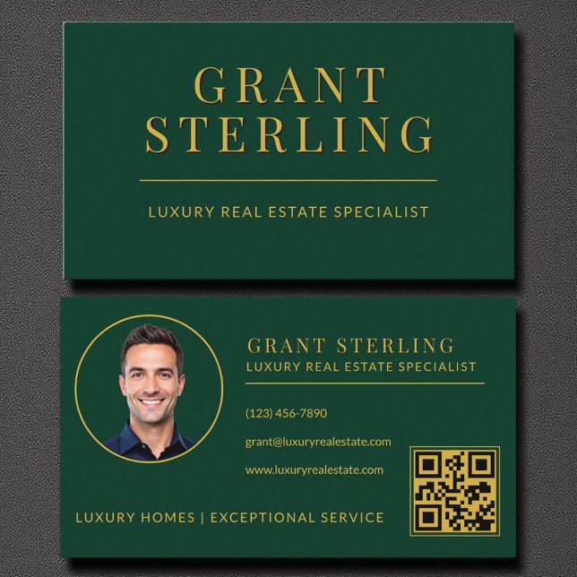 Carte De Visite Green Gold Real Estate Agent QR Code (Créateur téléchargé)