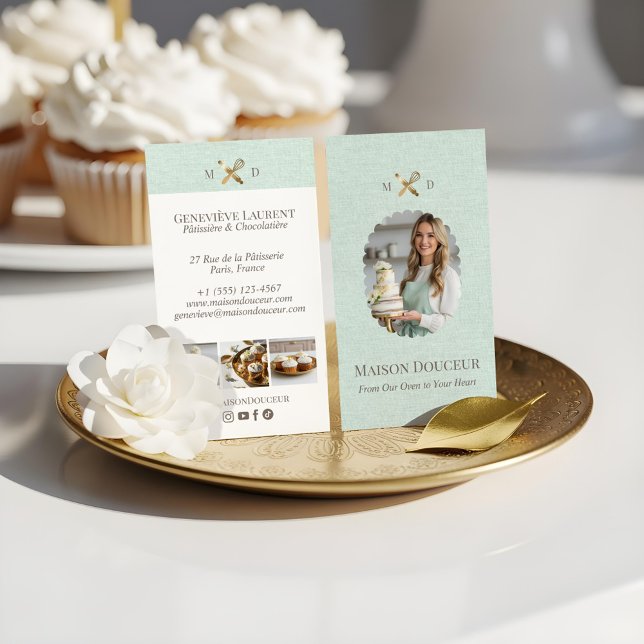 Carte De Visite Green Linen Elegant Chic Bakery Gold Whisk Photo  (Green Linen Elegant Chic Bakery Gold Whisk Photo Business Card)
