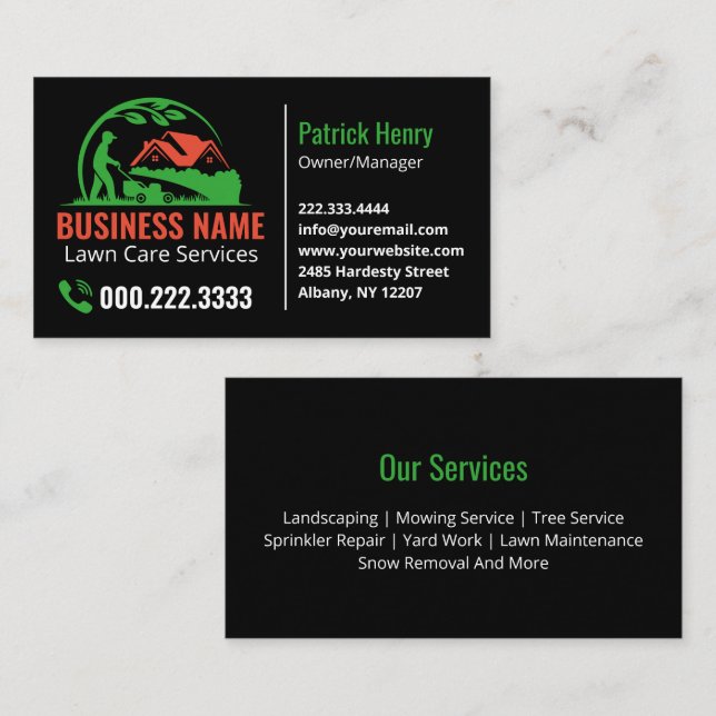 Carte De Visite Green Orange Lawn Care Landscaping Services (Devant / Derrière)