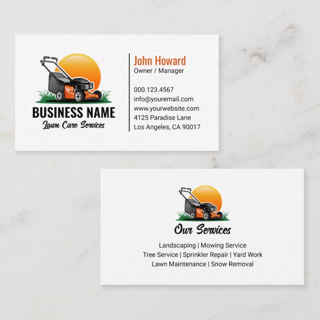 Carte De Visite Green Orange Lawn Mower Landscaping Service (Devant / Derrière)