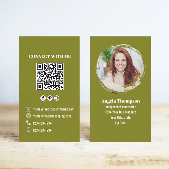 Carte De Visite Green Photo QR Code Connect with Me Business (Green Modern Photo Business Cards with a scannable QR code template.)