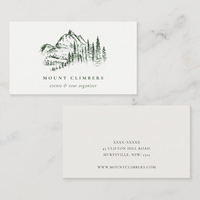 Carte De Visite Green Pine Woods Mountain Sketch Escalade Camping (Devant / Derrière)