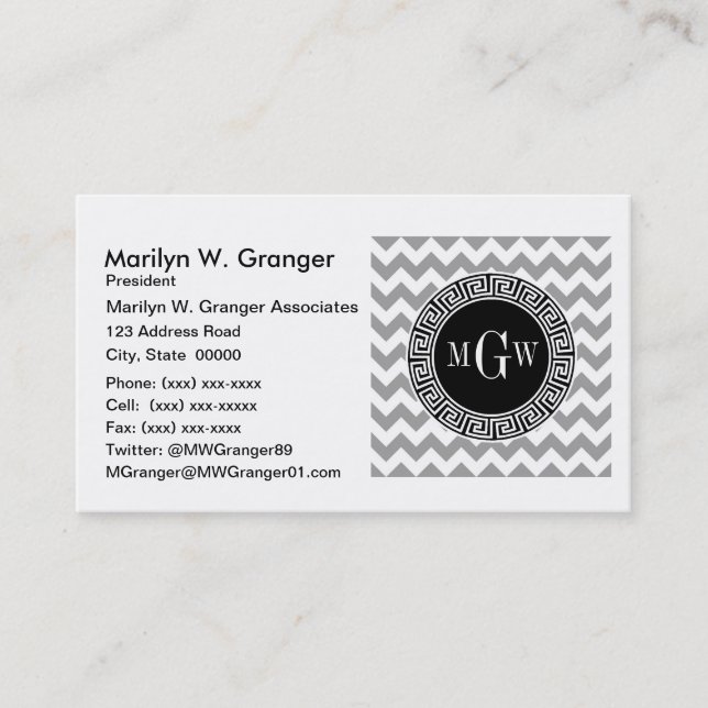 Carte De Visite Grey What Chevron Clé grecque noire 3 Monogramme (Devant)
