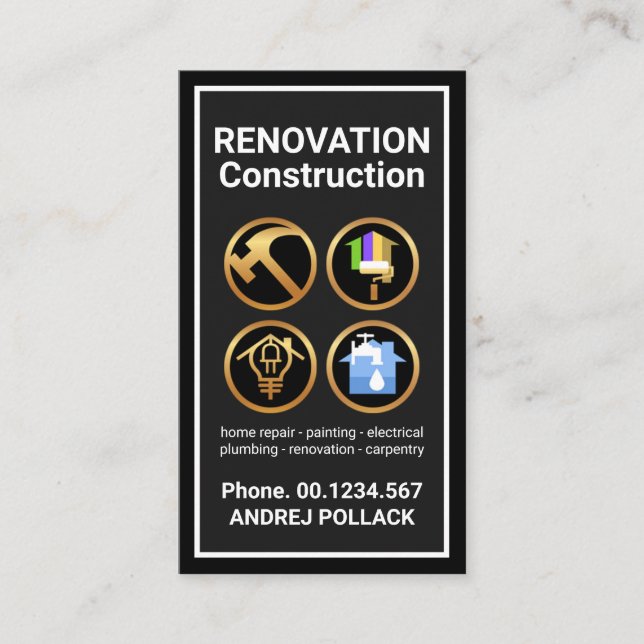 Carte De Visite Gris Black Frame Gold Construction Outils manuyman (Devant)