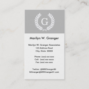 Carte De Visite Gris Blanc Blé Laurel Wreath Initial Monogramme