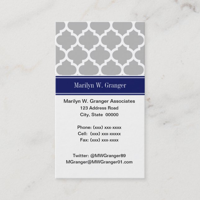 Carte De Visite Gris Blanc Marocain #5 Marine Nom bleu Monogramme (Devant)