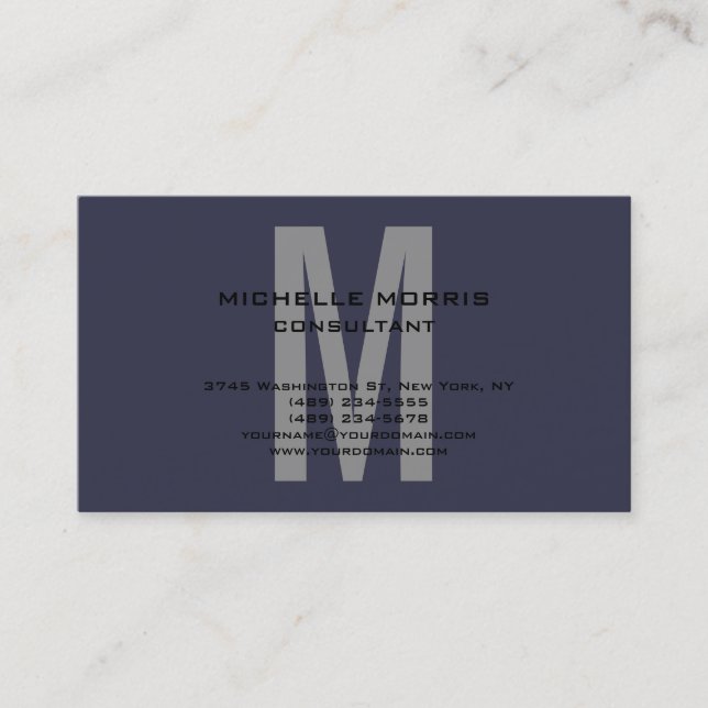 Carte De Visite Gris Bleu Unique Monogramme Classique (Devant)