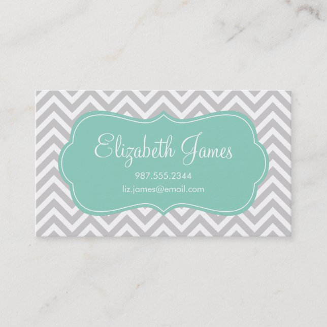 Carte De Visite Gris et Aqua Moderne Chevron Gris et Gris (Devant)