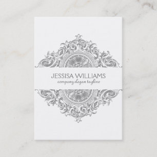 Carte De Visite Gris et blanc Ornemental Floral Design