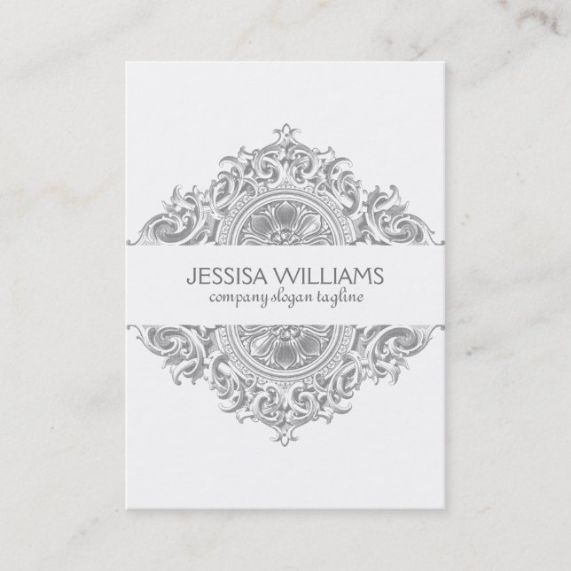Carte De Visite Gris et blanc Ornemental Floral Design (Devant)