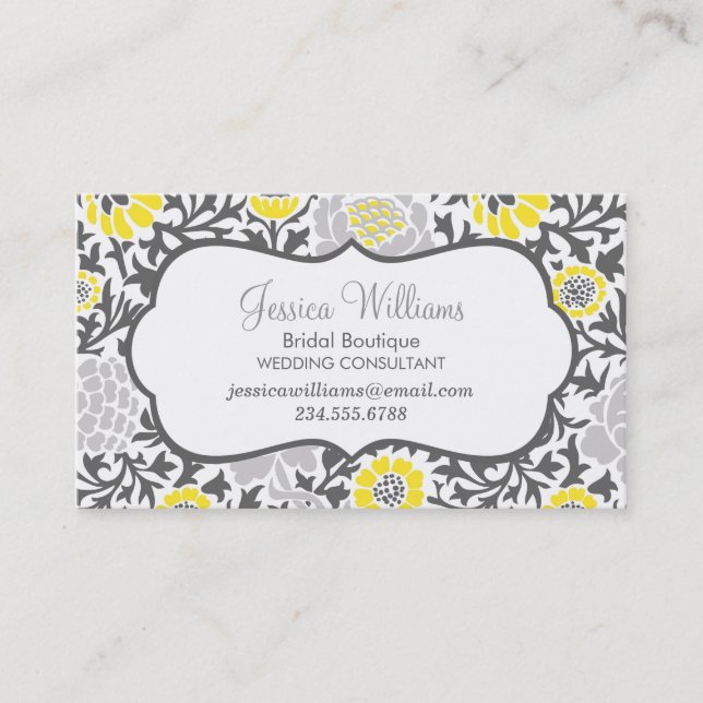 Carte De Visite Gris et jaune Retro Floral Damask (Devant)