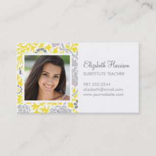 Carte De Visite Gris & Jaune Retro Floral Damask Photo personnalis