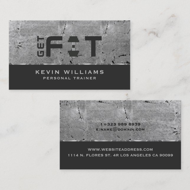 Carte De Visite Gris Métallic Grunge Texture Fitness Trainer (Devant / Derrière)