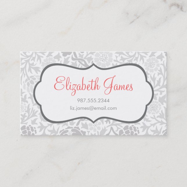 Carte De Visite Gris Retro Floral Damask (Devant)