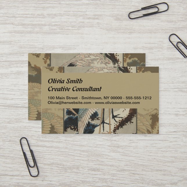 Carte De Visite Grues sur un pin couvert de neige Hokusai (Devant/Arrière en situation)