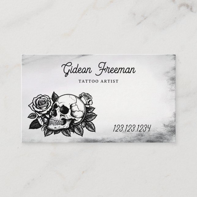Carte De Visite Grunge Noir et Blanc Rose Tatouage Artiste (Devant)