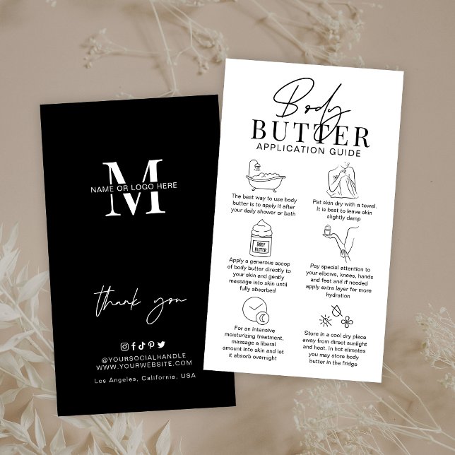 Carte De Visite Guide d'application minimaliste pour le beurre de  (Whipped body butter care cards in black and white, featuring care icons and space for your logo)