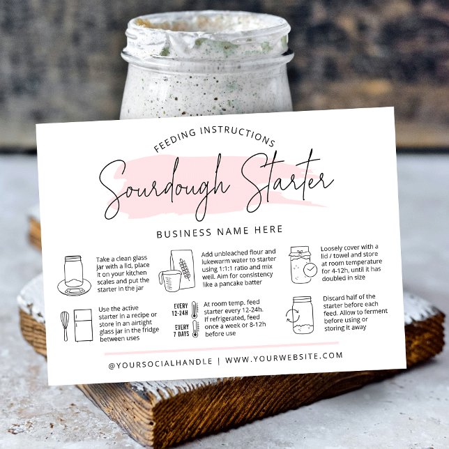 Carte De Visite Guide d'instructions pour l'alimentation de départ (Trendy sourdough starter instructions cards with icons, modern pink watercolor design and your logo)