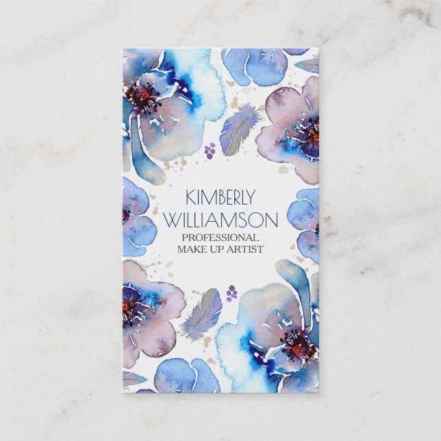 Carte De Visite Guirlande bleue de plumes de Boho de fleurs (Devant)