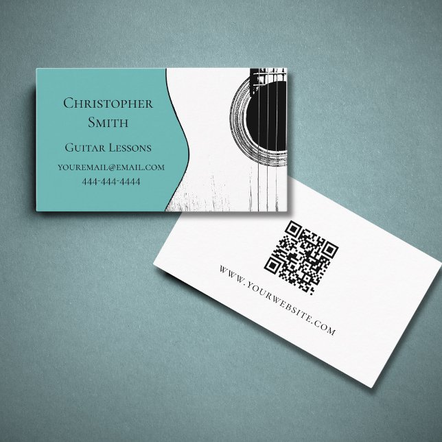 Carte De Visite Guitar Lessons QR Code Musical Trendy Teal  (Créateur téléchargé)
