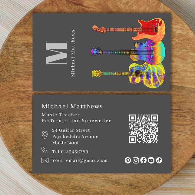 Carte De Visite Guitare Enseignant QR Code et médias sociaux perso (Modern guitar tutor custom qr code and social media business card)