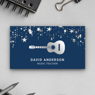 Carte De Visite Guitare Feuille d'Argent Bleu Professeur de Musiqu