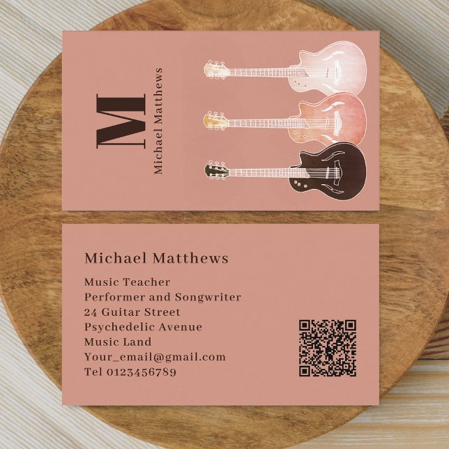 Carte De Visite Guitare Muisc Enseignant QR Code (Guitar music teacher professional musician qr code Business card Rustic country music style design)