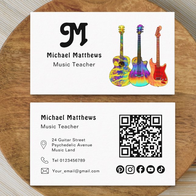Carte De Visite Guitare Music Enseignant QR code Social Media Cust (Modern guitar music tutor professional musician social media qr code Business card colorful guitars)