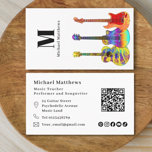 Carte De Visite Guitare Music Enseignant QR Code Social Media Cust (Modern guitar teacher qr code and social media custom business card)