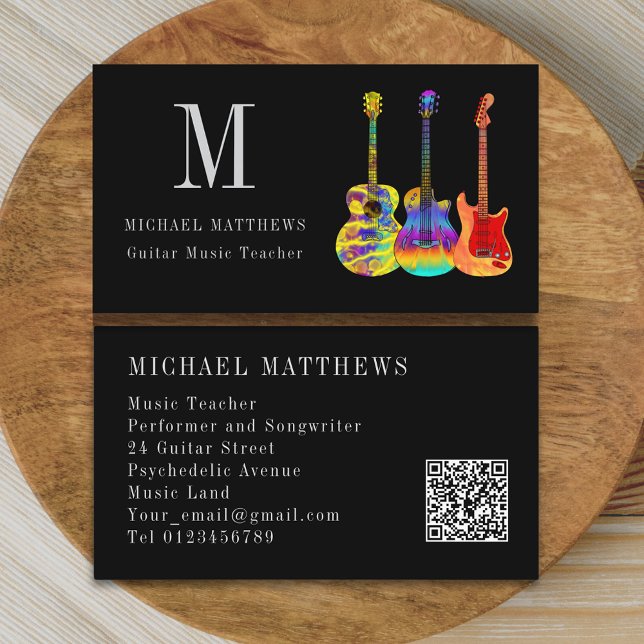 Carte De Visite Guitare Musique Enseignant personnalisé QR Code (Stylish guitar teacher custom qr code business card)