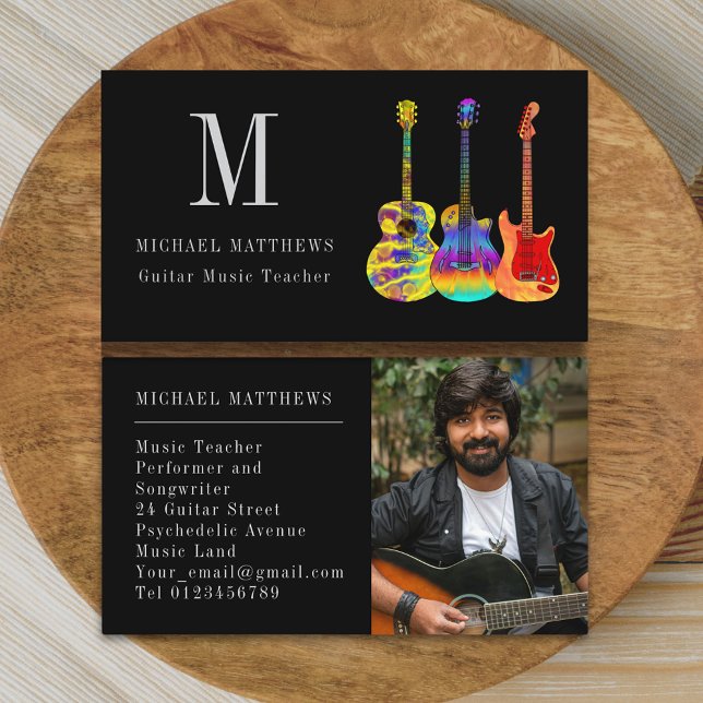 Carte De Visite Guitare Musique Enseignant Photo personnalisée (Modern guitar music teacher custom photo business card)