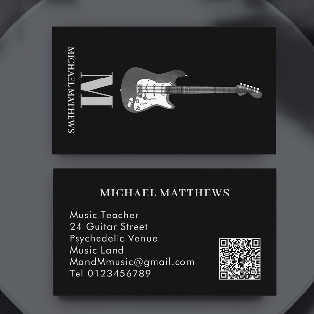 Carte De Visite Guitare Professional Musicien Personnalisé QR Code (Modern minimalist black & white Guitar Music teacher musician professional qr code business card)