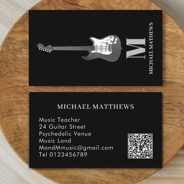 Carte De Visite Guitare Professional Musicien Personnalisé QR Code (Modern Guitar music teacher professional musician qr code Business card Minimalist stylish black )
