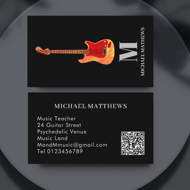 Carte De Visite Guitare Professional Musicien Personnalisé QR Code (Music teacher guitar professional musicians business card)