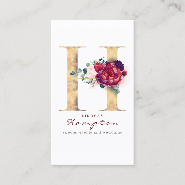 Carte De Visite H Monogramme Bourgogne Fleurs rouges et Faux Gold (Devant)
